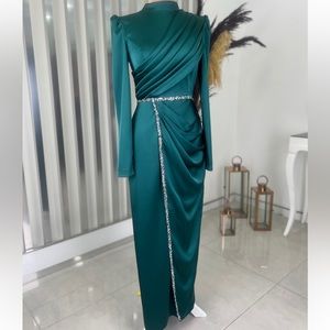 Long sleeve emerald green satin dress